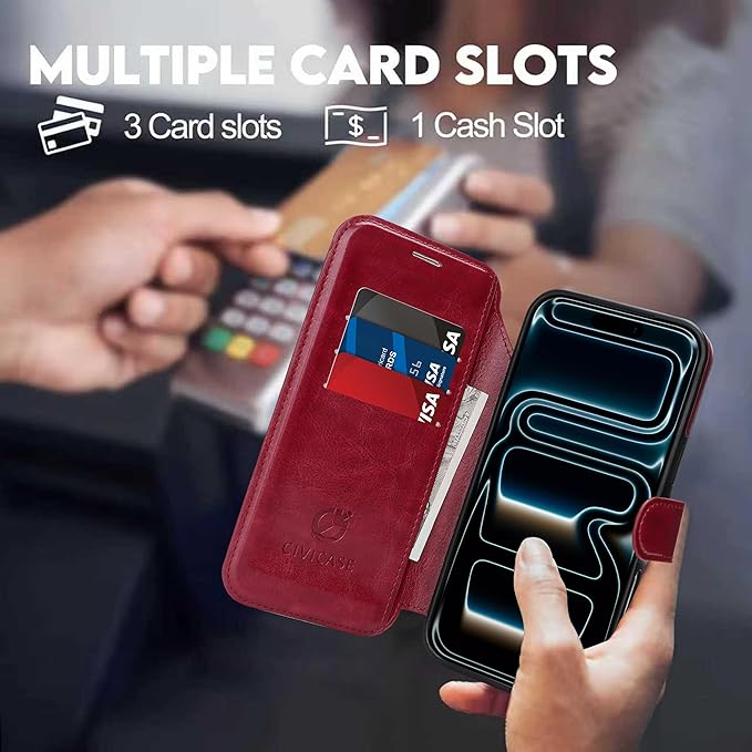 CIVICASE for iPhone 17 Pro Wallet Case with Stand,PU Leather Flip Credit Card Holder Slots (RFID Blocking),Compatible with Magsafe Magnetic Holder Phone Cover Women Men,Wine Red