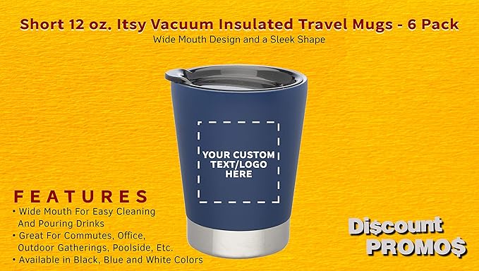 Personalized 12 oz. Itsy Vacuum Insulated Travel Mugs - 6 Pack - Custom Text, Logo - Blue