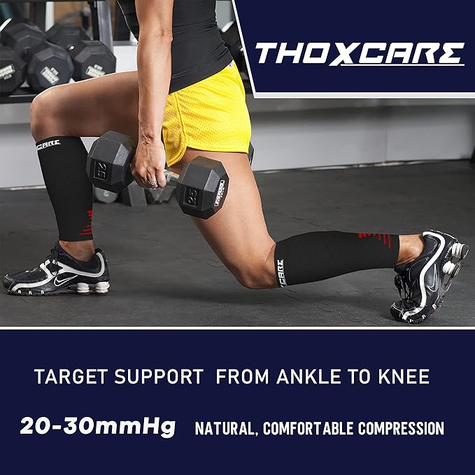 Thoxcare Calf Compression Sleeve for Men Women (2 Pairs), Leg Support Footless Compression Socks for Running - Shin Splint Varicose Veins Swelling & Pain Relief, Black/Red, X-Large