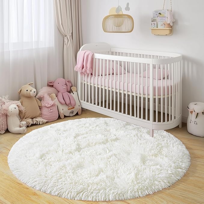 Round Fluffy Rugs 8Ft for Girls Bedroom, Cream White Shag Circle Kids Rug Non-Slip for Bedside Dorm Nursery Playroom, Soft Cute Area Rugs for Living Room Decor