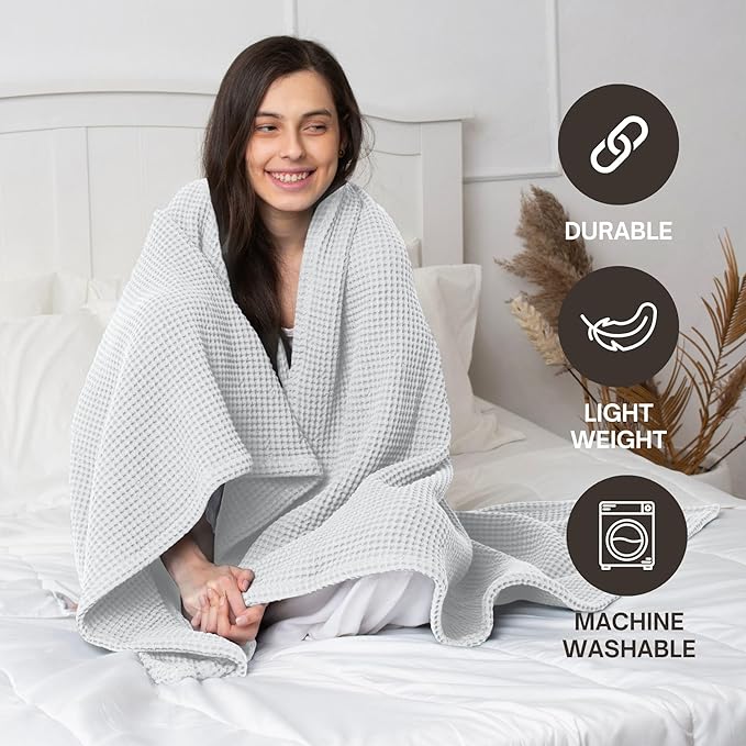 Organic Cotton Waffle Weave Blanket Throw (50" x 60") – Lightweight, Breathable & Soft All-Season Blanket for Couch, Bed, Sofa – Cozy Modern Woven for Beach, Picnic, Travel & Gifts(White)