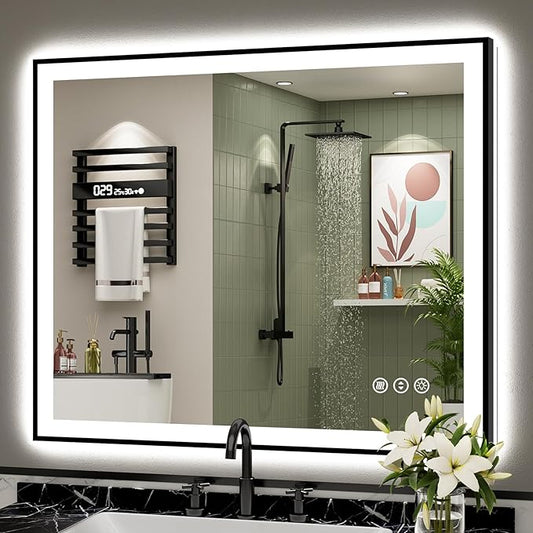 40x36 Black Framed LED Bathroom Mirror with Lights, Backlit + Front Lit, Anti-Fog Lighted Vanity Mirror for Bathroom Wall with 3 Colors, Dimmable, Memory, Tempered Glass, Horizontal/Vertical