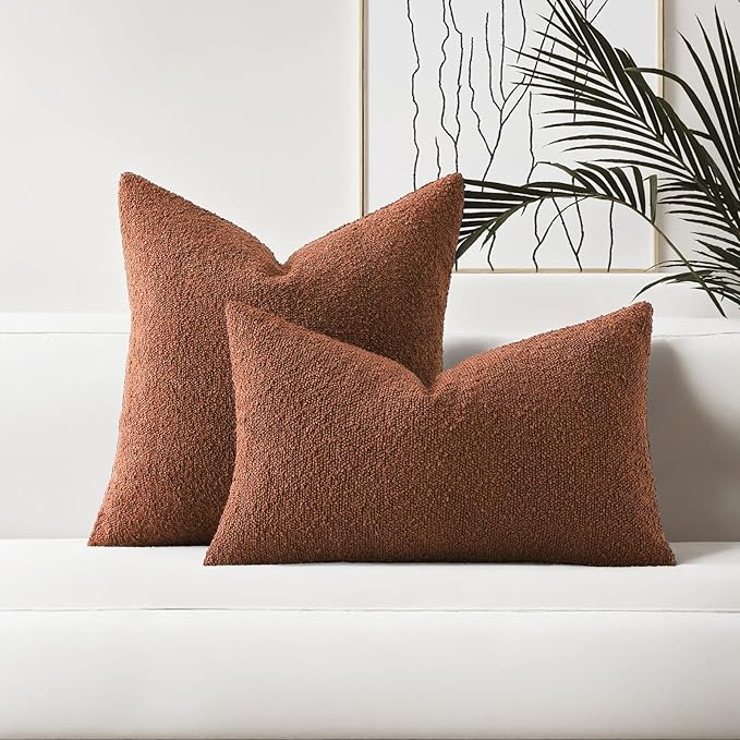 HAUSSY Set of 2 20x20 Decorative Throw Pillow Covers, Soft Cozy Textured Boucle Couch Cases, Home Decor for Couch Bed Living Room, Rust