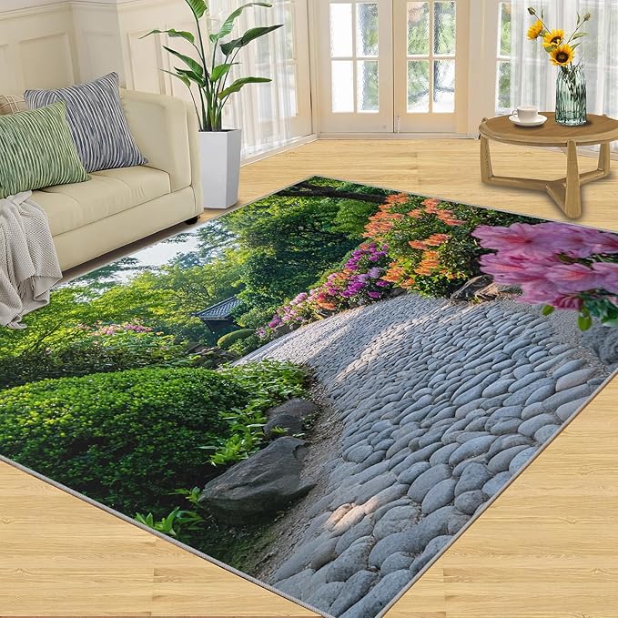 Japanese Gardens Washable Area Rugs 6x8 Non-Slip Garden Art Living Room Rug Eastern Aesthetics Soft for Carpet Low Pile Indoor Door Mat & Room Decor