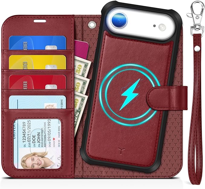 TUCCH Detachable Case Wallet for iPhone Air (6.5") 2025, Wrist Strap | 4 Card Holders RFID Blocking | Wireless Charging | Stand | 2-in-1 Magnetic | PU Leather | Shockproof Folio Cover | Dark Red