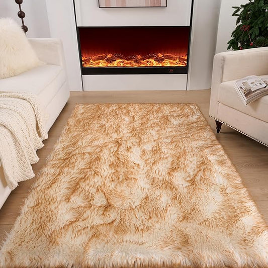 Fluffy Faux Fur Rug White Yellow Sheepskin Area Rug,4x6 Ft Ultra Soft Shaggy Plush Rug for Bedroom Bedside Living Room Nursery Kids Room
