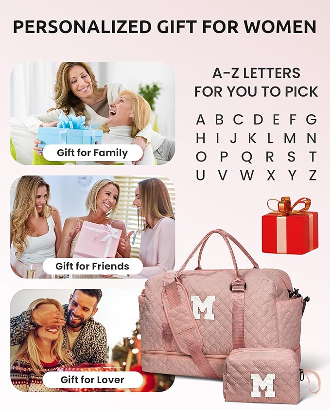 Vogewood Birthday Gifts-for Women-Initial Duffle Bag with Shoe Compartment, Personalized Weekender Bag, Monogram Overnight Bag, Letter Travel Bag with Makeup Bag，Friend Wife Birthday Gift (Letter C)