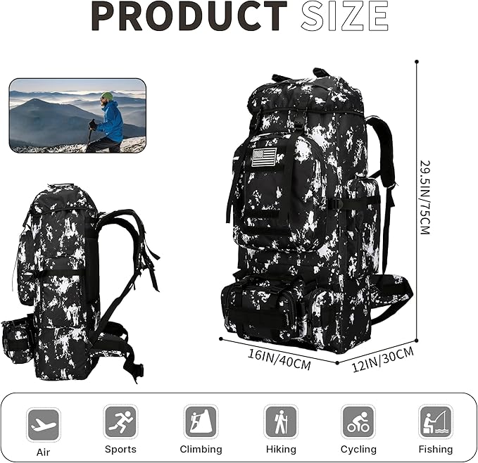 King'sGuard 100L Camping Hiking Backpack Molle Rucksack Military Camping Backpacking Daypack (Black Lighting)
