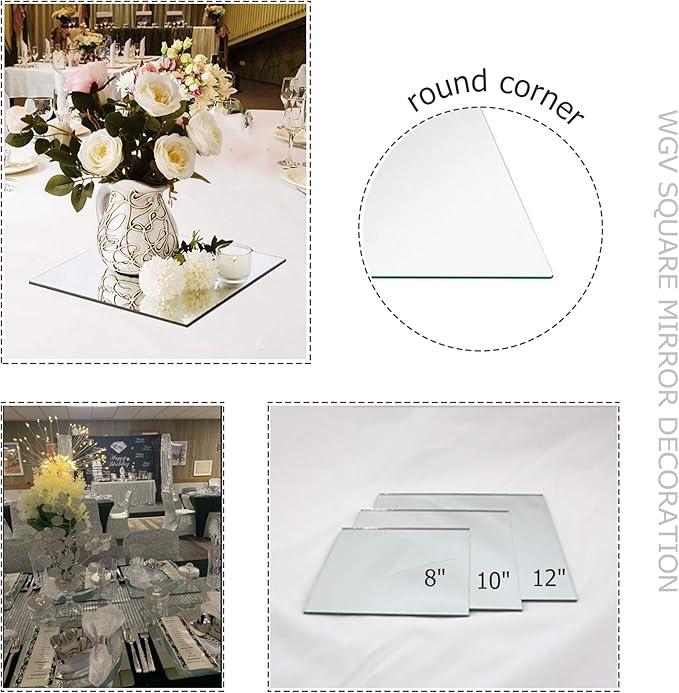 WGVI WGV Large Square Mirror Plate 10" Width, 4 mm Thickness, Frameless Sanded Edges, Quality Thick Candle Tray, Home Event Party Wedding Table Centerpiece Wall Decor, 1 Piece