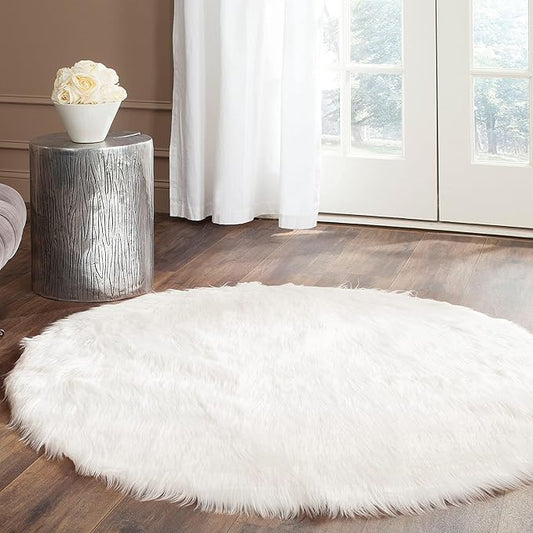 SAFAVIEH Faux Sheep Skin Collection 4' Round Ivory FSS235A Silken Glam 2.35-inch Thick Area Rug