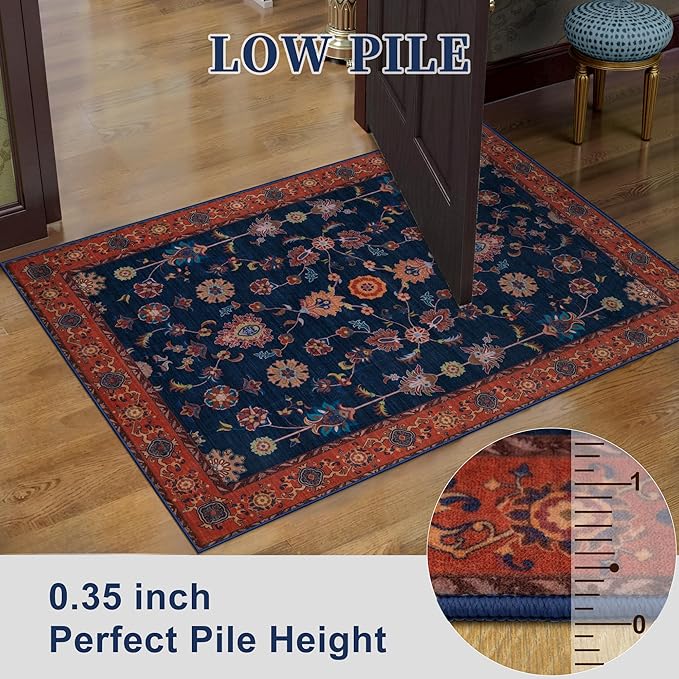 Tangsoo 2x4 Washable Rug for Entryway,Vintage Floral Entry Rug Non Slip,Indoor Front Door Small Rugs,Distressed Red Blue Print Door Mat Carpet,Soft Low Pile for Entrance Kitchen Bedroom Bathroom