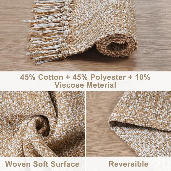 Collive Comfy Area Rug 4' x 6', Tan/Cream Woven Cotton Bedroom Rugs, Modern Indoor Accent Rug Floor Carpet with Tassel for Living Room, Nursery Room, Dining Room, Bedside, Office, Patio Decor