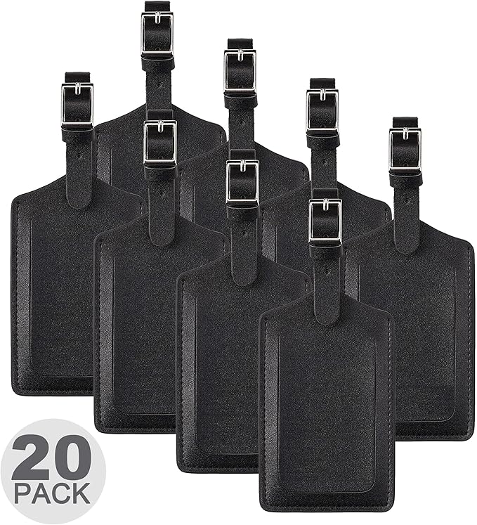 Travelambo 20 Pack Luggage Tags Faux Leather for Suitcases Travel Bag Labels with Protection Cover ID (Black)