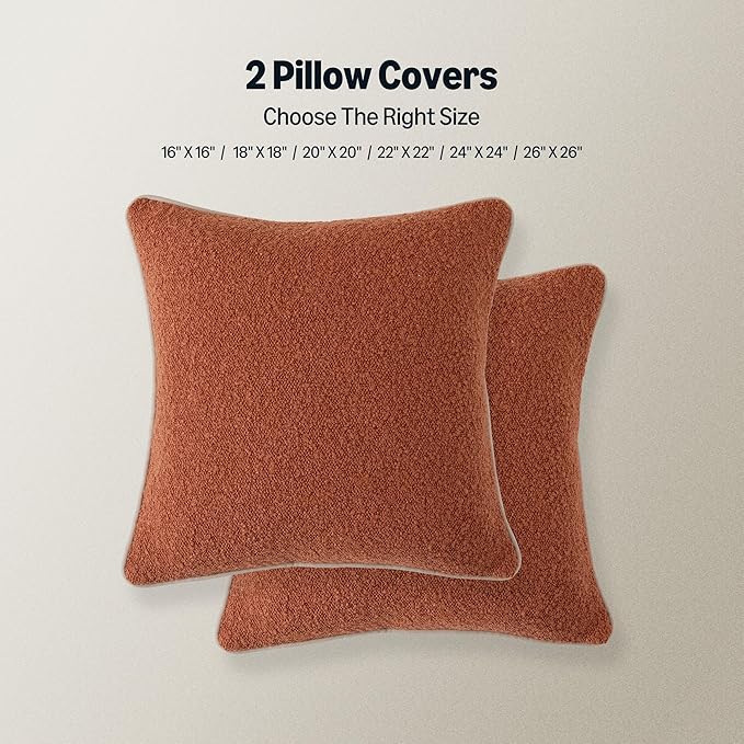 Amazon Basics Boucle Throw Pillow Covers for Couch, Living Room, Home Decor with Hidden Zipper, Brown, 16×16in, Pack of 2