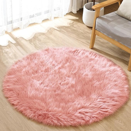 Pink Washable Fluffy Circle Rugs for Bedroom Small Faux Sheepskin Shag Fur Round Rugs 4ft Nursery Rug Cute Room