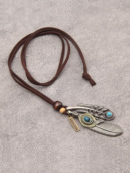 Leather Necklace for Women Boho Choker Necklace Long Cord Leather Pendant Bohemian Neckalce Vintage Alloy Pendant Leather Rope Necklace Wooden Necklaces for Women