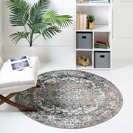 Rugs.com Arlington Collection Rug – 8 Ft Round Grey Medium-Pile Rug Perfect for Kitchens, Dining Rooms
