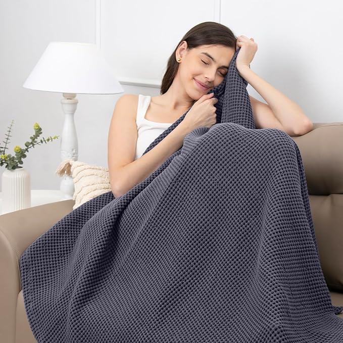 Organic Cotton Waffle Blankets Throw Size (50" x 60") Lightweight, Breathable and Soft, for Sofa, Couch, Bed, Picnic All-Season - Summer, Spring, Winter (Grey)