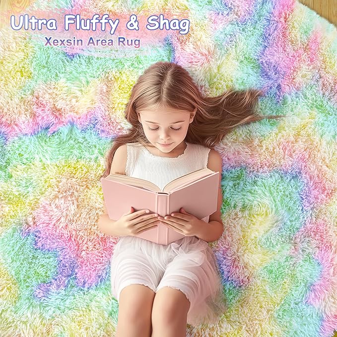 Round Fluffy Rugs 4Ft for Girls Bedroom, Rainbow Shag Circle Kids Rug Non-Slip for Bedside Dorm Nursery Playroom, Soft Cute Area Rugs for Living Room Decor
