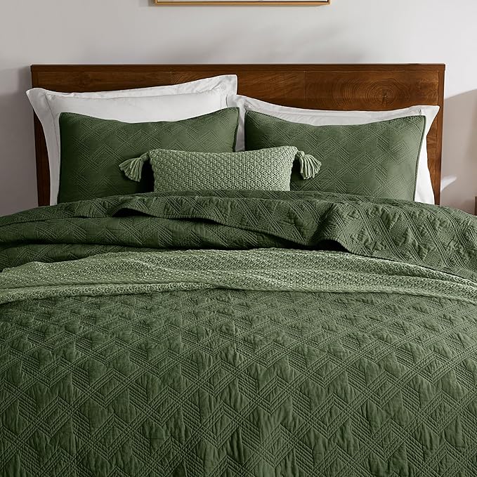 WDCOZY 100% Cotton Oversized King Quilt Set - Olive Green California Cal King Size Soft Lightweight Modern Bedspread, Farmhouse Country Rustic Coverlet, Textured Like Linen, Shabby Chic Bedding