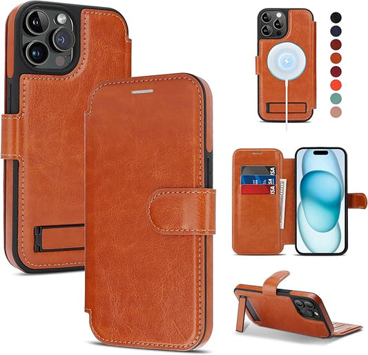 CIVICASE for iPhone 15 Pro Max Wallet Case with Stand,PU Leather Flip Credit Card Holder Slots (RFID Blocking),Compatible with Magsafe Magnetic Holder Phone Cover Women Men,Brown