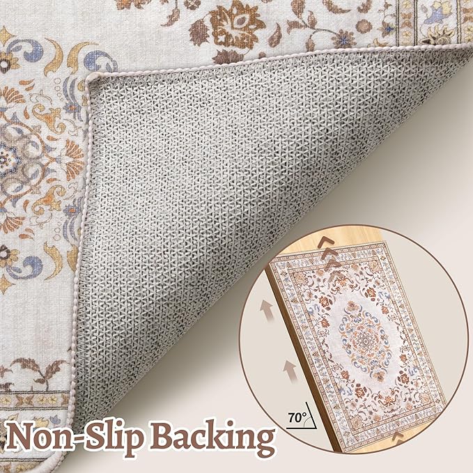 Tangsoo 5x7 Washable Area Rug, Non Slip Boho Neutral Rug for Bedroom Living Room, Vintage Beige Tan Soft Low Pile Floor Indoor Carpet for Bathroom Office Kid & Pets Friendly Home Decor