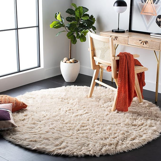 SAFAVIEH Faux Sheep Skin Collection Accent Rug - 3' Round, Beige, Silken Glam Design, Non-Shedding & Easy Care, 2.35-inch Thick, Ideal for The Living Room, Dining Room, Bedroom (FSS235K-3R)
