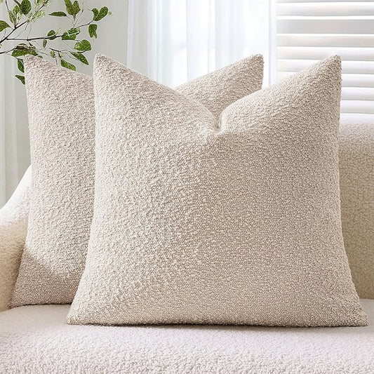 ANRODUO Pack of 2 Textured Boucle Throw Pillow Covers Soft Oatmeal Euro Decorative Accent Solid Pillow Cases Cozy Modern Couch Cushion Case for Chair Sofa Bedroom Living Room Home Decor, 24 x 24 Inch