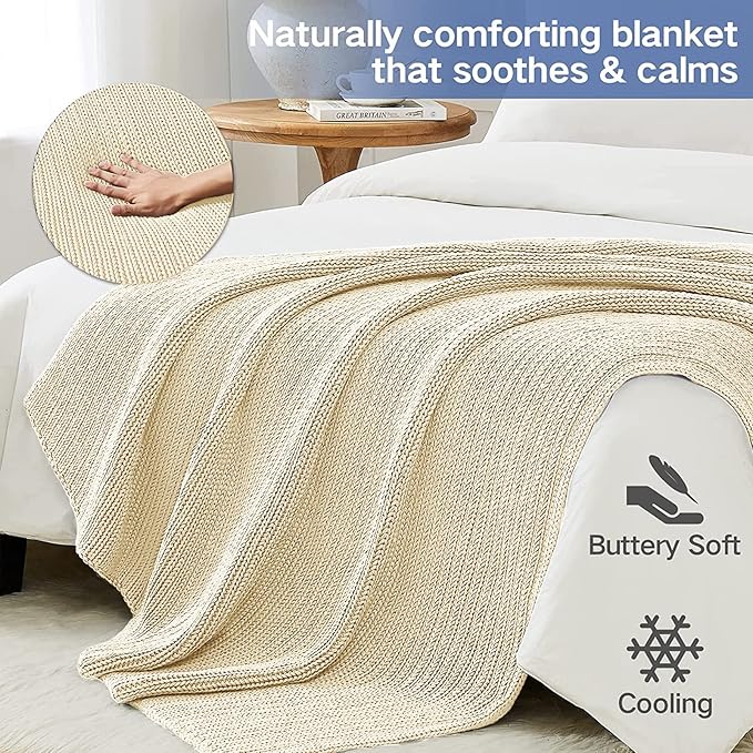 Guohaoi Knitted Weighted Blanket for Adults (Cream 60"x80" 17lbs) No Beads Cooling Throw Blanket for Hot Sleepers, Home Decor Breathable Chunky Knit Heavy Blanket Use on Queen/King Size Bed