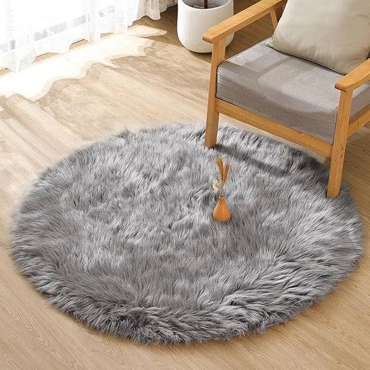 Silver Grey Shag Faux Sheepskin Fuzzy Fur Rugs for Bedroom Circle Plush Washable Furry Fur Area Rugs for Living Room Nursery 4ft X 4ft Rug