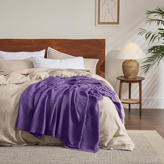 Bedsure Gentlesoft 100% Cotton Blanket Twin XL Size for College Dorm - Breathable and Soft, Waffle Weave Twin Blanket for Summer, Dorm Room Essentials, Purple, 66x90 inches