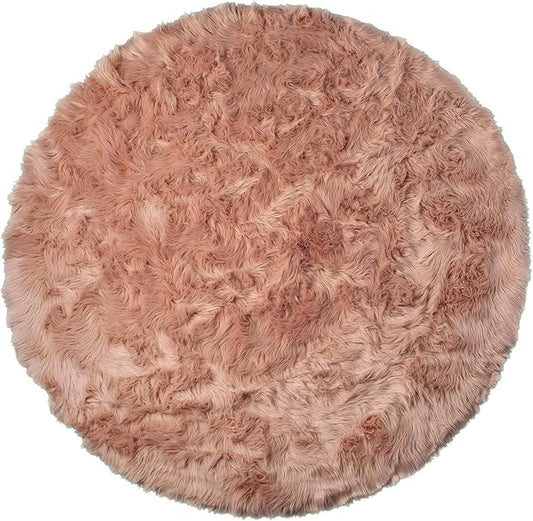 Luxe Gordon Faux Fur Rug with Soft and Fluffy Pile | Machine Washable Living Room Rug with Anti-Slip Backing | Cruelty-Free Area Rugs for Office or Bedroom, Dusty Rose, 6 ft Dia.