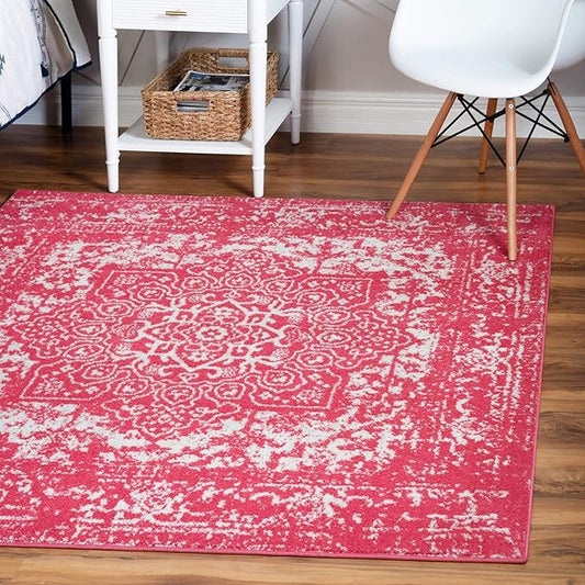 Rugs.com Arlington Collection Rug – 8 Ft Square Pink Medium-Pile Rug Perfect for Living Rooms, Kitchens, Entryways