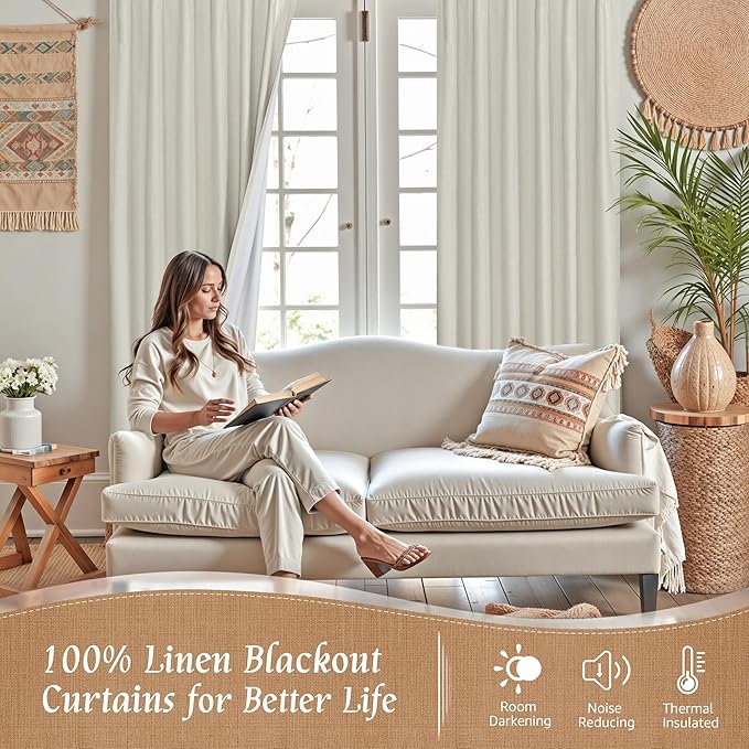 LAMIT 100% Blackout Linen Curtains, 63 Inches Linen Textured Thermal Bedroom Curtains Back Tab and Rod Pocket Neutral Panels with White Liner for Short Windows, 2 Panels, Stone, 42 x 63 Inch