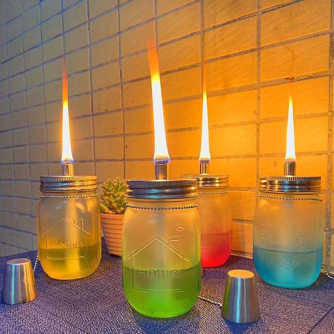Yitee Mason Jar Tabletop Torch Kits,4 Pack Longlife Fiberglass Wicks,Stainless Steel Mason Jar Lids Caps Included,Outdoor Deck Oil Lamp Torch,Patio Xmas Decor