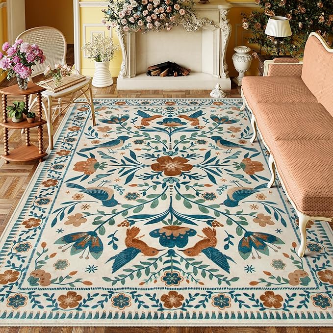Moynesa Washable 8x10 Area Rugs for Living Room Bedroom Dining Room, Modern Bohemian Farmhouse Floral Bird Print Pattern Medallion Carpet, Retro Home Decor Open Floor Areas Non-Slip Protection