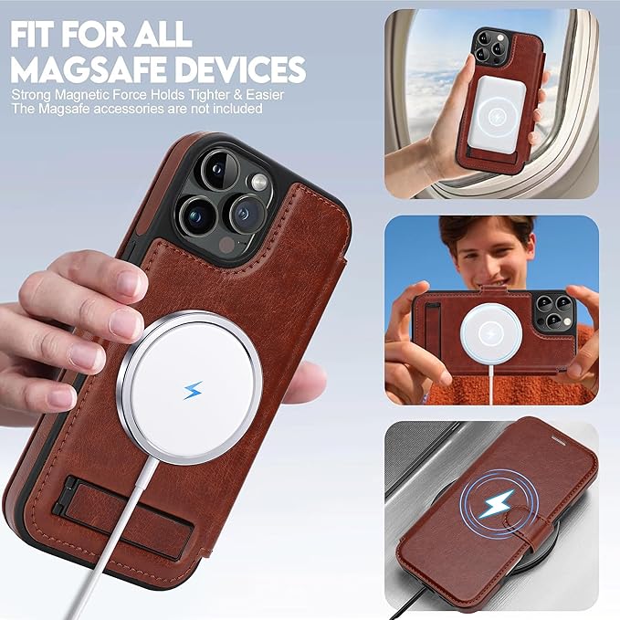 CIVICASE for iPhone 15 Pro Wallet Case with Stand,PU Leather Flip Credit Card Holder Slots (RFID Blocking),Compatible with Magsafe Magnetic Holder Phone Cover Women Men,Dark Brown