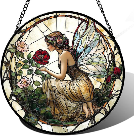 Stained Glass Window Hanging - Butterfly Flower Fairy Suncatcher for Door Terrace Garden Home Decor Yellow Green Plants Sun Catcher Birthday Gifts for Lovers Women Men Dad Mom Nana 6.3 in