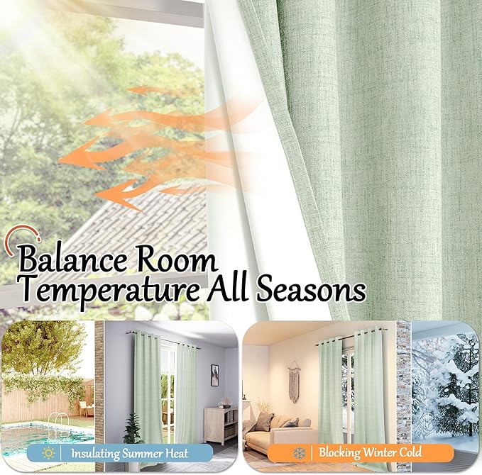 Lajode Sage Green Blackout Curtains for Bedroom - Linen Curtains 90 Inch Length Thermal Insulated Privacy Burlap Boho Window Drapes for Living Room Scandi Farmhouse Dining, 2 Panels, Each 52" Wide