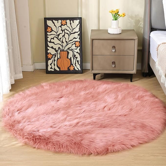 Pink Washable Fluffy Round Rugs for Bedroom Girls Shag Faux Sheepskin Fuzzy Fur Rugs for Living Room Circle Area Rug for Kids Round Rug 5ft