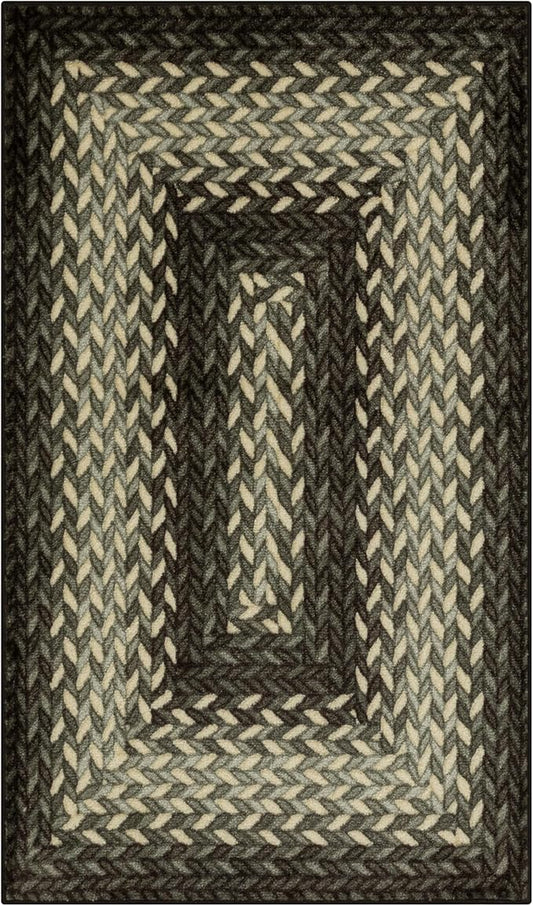 Maples Rugs Marion Bohemian Braided Design Print Area Rug – Made in USA – Washable, Non Slip Indoor Carpet for Entryway, Foyer, Kitchen, and Bathroom, 34" x 20", Black