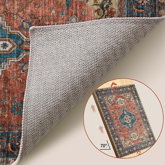 Tangsoo Washable Rug 4x6 Area Rug, Oriental Rug Indoor for Living Room, Non Slip Machine Washable Large Rugs, Soft Print Distressed Terracotta Carpet for Bedroom Dining Room Dorm Office