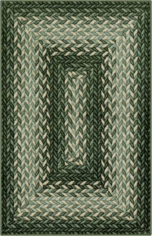 Maples Rugs Marion Bohemian Braided Design Print Area Rug – Made in USA – Washable, Non Slip Indoor Carpet for Entryway, Foyer, Kitchen, and Bathroom, 46" x 30", Green