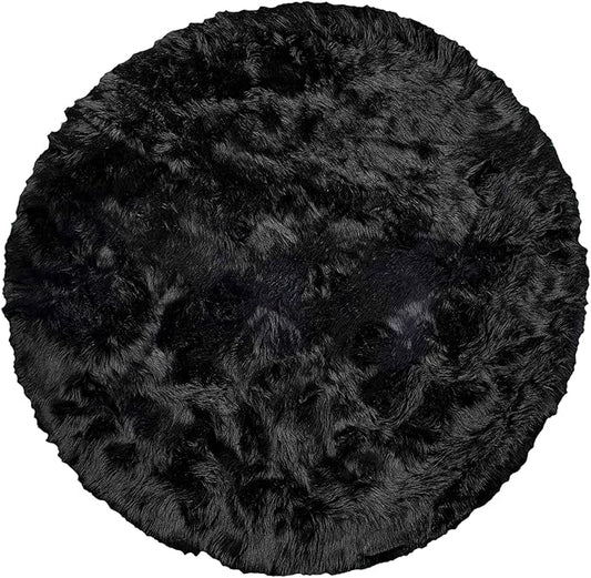 Luxe Gordon Faux Fur Rug with Soft and Fluffy Pile | Machine Washable Living Room Rug with Anti-Slip Backing | Cruelty-Free Area Rugs for Office or Bedroom, Black, 6 ft Dia.
