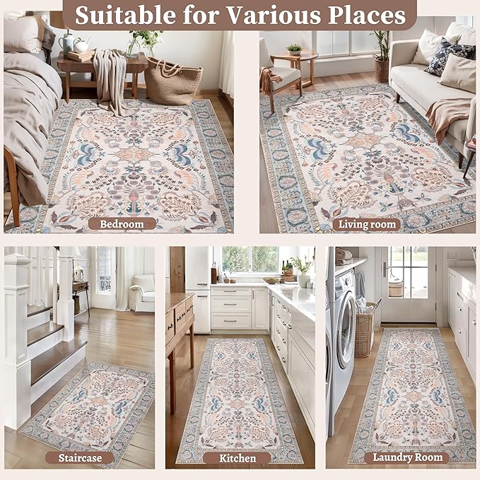 Tangsoo 2x3 Small Rug for Entryway, Washable Area Entry Rug Non Slip, Neutral Low Pile Soft Area Rugs, Indoor Front Door Boho Floral Throw Rugs for Entrance Kitchen Bedroom Bathroom Home Decor