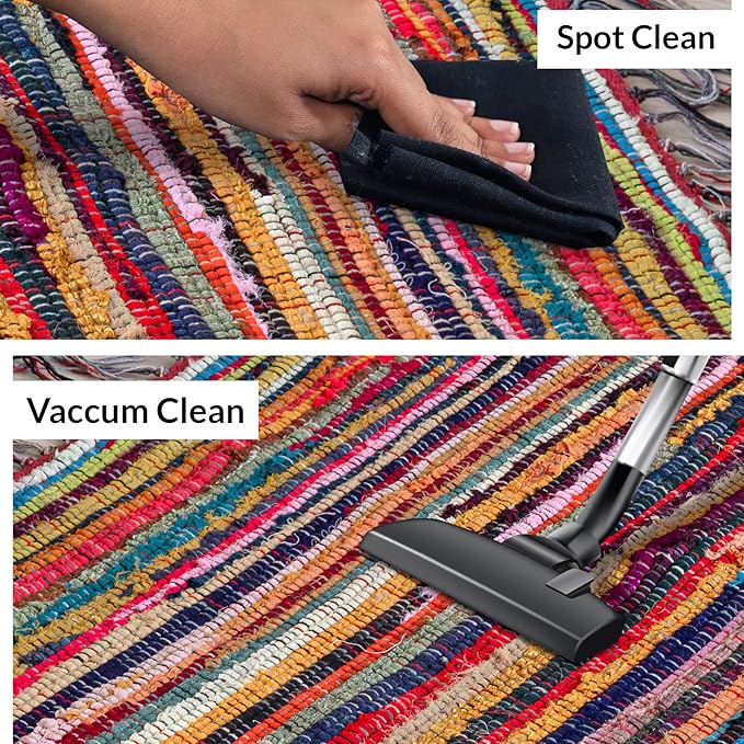 HOMEMONDE Multicolor Rag Rug with Tessels - 4'x6' Reversible Handcrafted Cotton Chindi Area Rug Vibrant Boho Home Decor for Bedroom, Living Room, Dining Room, Laundry Room