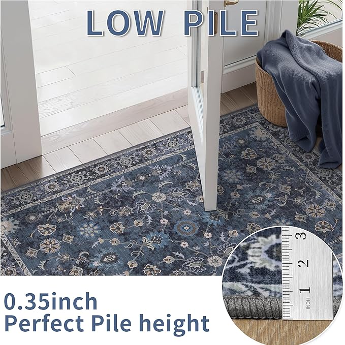Tangsoo 8x10 Large Area Rug for Living Room, Non Slip Machine Washable Rug for Bedroom, Boho Distressed Vintage Blue Floral Rugs, Soft Indoor Floor Carpet Mat for Office Kitchen Farmhouse Home Decor