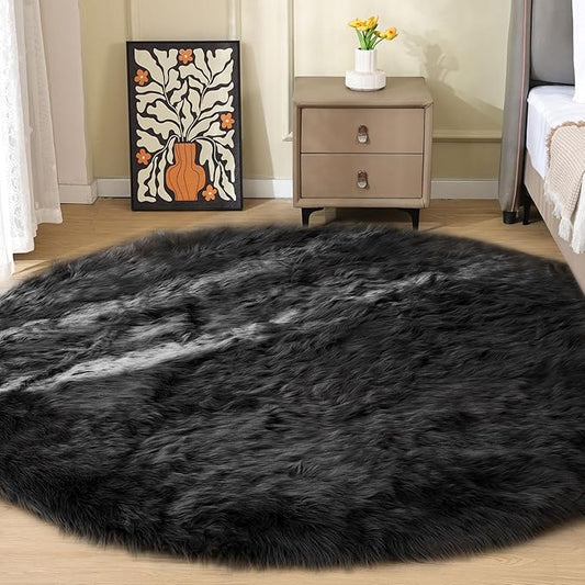 Washable Faux Fluffy Fur Round Area 6.6ft Rugs for Living Room Black Large Furry Rug for Bedroom Boho Circle Nursery Rug Teen Room Décor