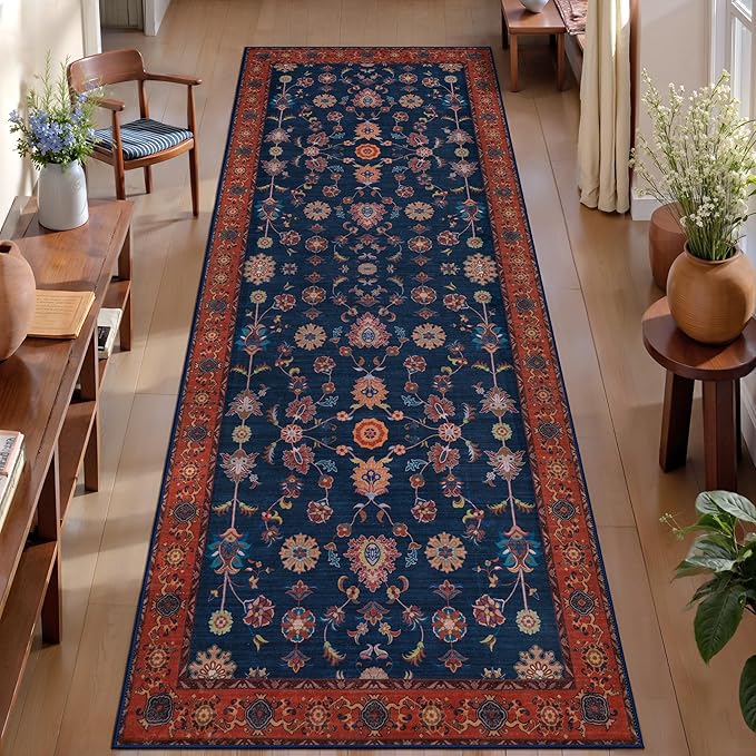 Tangsoo 2x12 Washable Runner Rug for Hallway Non Slip, Boho Floral Vintage Red Blue Carpet Long Runner Rugs for Entryway Kitchen, Floor Low Pile Runners for Laundry Bedroom Alfombra Farmhouse