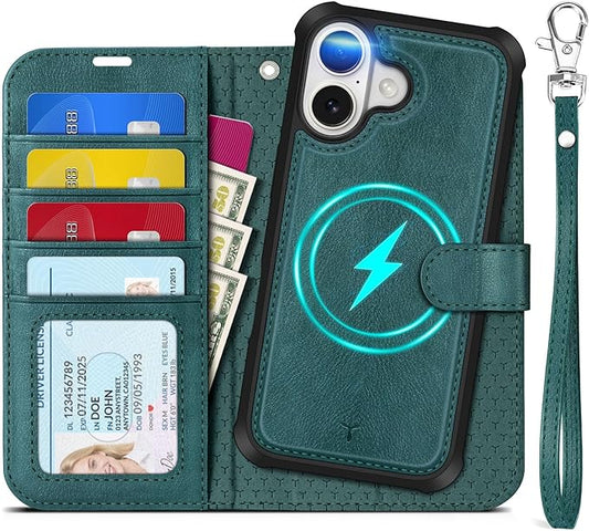 TUCCH Removable Case Wallet for iPhone 17 (6.3") 2025, Detachable Wrist Strap, Wireless Charging, Stand, 4 Card Slots RFID Blocking, 2-in-1 Magnetic, PU Leather Shockproof Cover, Teal Blue